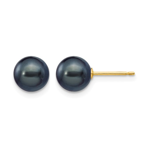 14K Yellow Gold 7-8mm Black Round Freshwater Cultured Pearl Stud Post Earrings