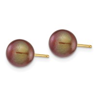 14K Yellow Gold 7-8mm Brown Round Freshwater Cultured Pearl Stud Post Earrings view 2