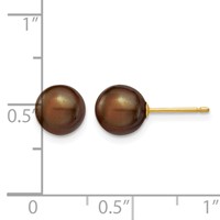 14K Yellow Gold 7-8mm Brown Round Freshwater Cultured Pearl Stud Post Earrings view 4