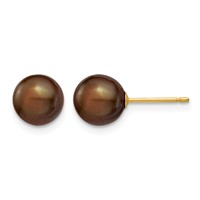 14K Yellow Gold 7-8mm Brown Round Freshwater Cultured Pearl Stud Post Earrings view 1