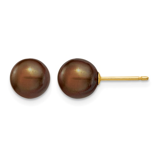 14K Yellow Gold 7-8mm Brown Round Freshwater Cultured Pearl Stud Post Earrings