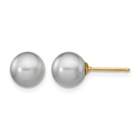 14K Yellow Gold 7-8mm Grey Round Freshwater Cultured Pearl Stud Post Earrings view 1