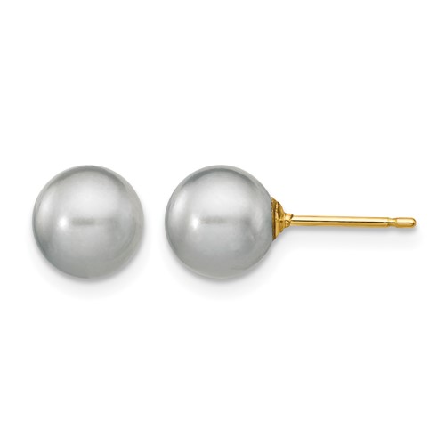 14K Yellow Gold 7-8mm Grey Round Freshwater Cultured Pearl Stud Post Earrings