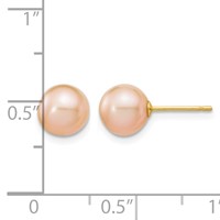 14K Yellow Gold 7-8mm Pink Round Freshwater Cultured Pearl Stud Post Earrings view 4
