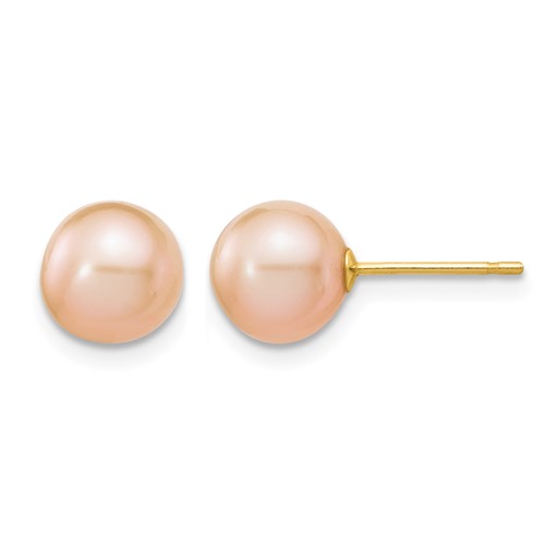 14K Yellow Gold 7-8mm Pink Round Freshwater Cultured Pearl Stud Post Earrings