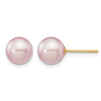 14K Yellow Gold 7-8mm Purple Round Freshwater Cultured Pearl Stud Post Earrings view 1