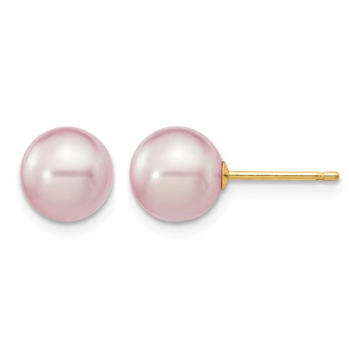 14K Yellow Gold 7-8mm Purple Round Freshwater Cultured Pearl Stud Post Earrings