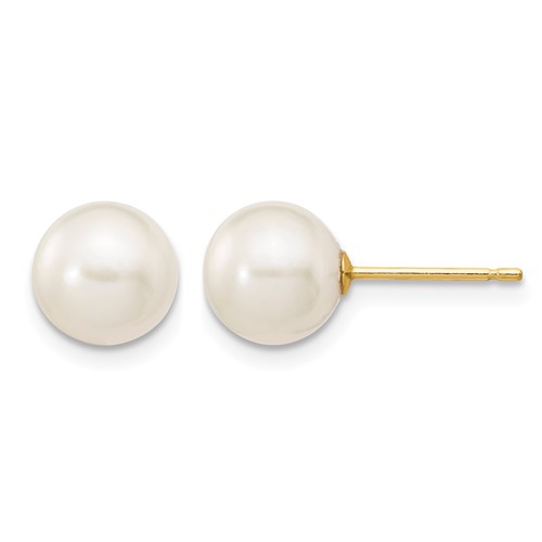 14K Yellow Gold 7-8mm White Round Freshwater Cultured Pearl Stud Post Earrings