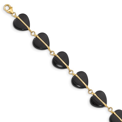 14K Yellow Gold Black Onyx Hearts Bracelet, 7"