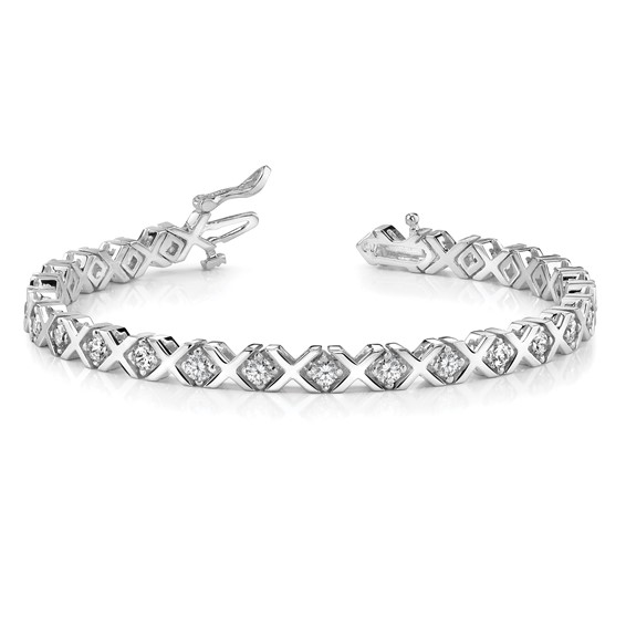 14k White Gold Holds 2 carat 29-2.6mm Round Diamond 4-prong X-design 7 inch Tennis Bracelet Mounting