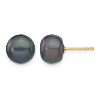 14K Yellow Gold 8-9mm Black Button Freshwater Cultured Pearl Stud Post Earrings view 1