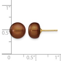 14K 8-9mm Brown Button Freshwater Cultured Pearl Stud Post Earrings view 4