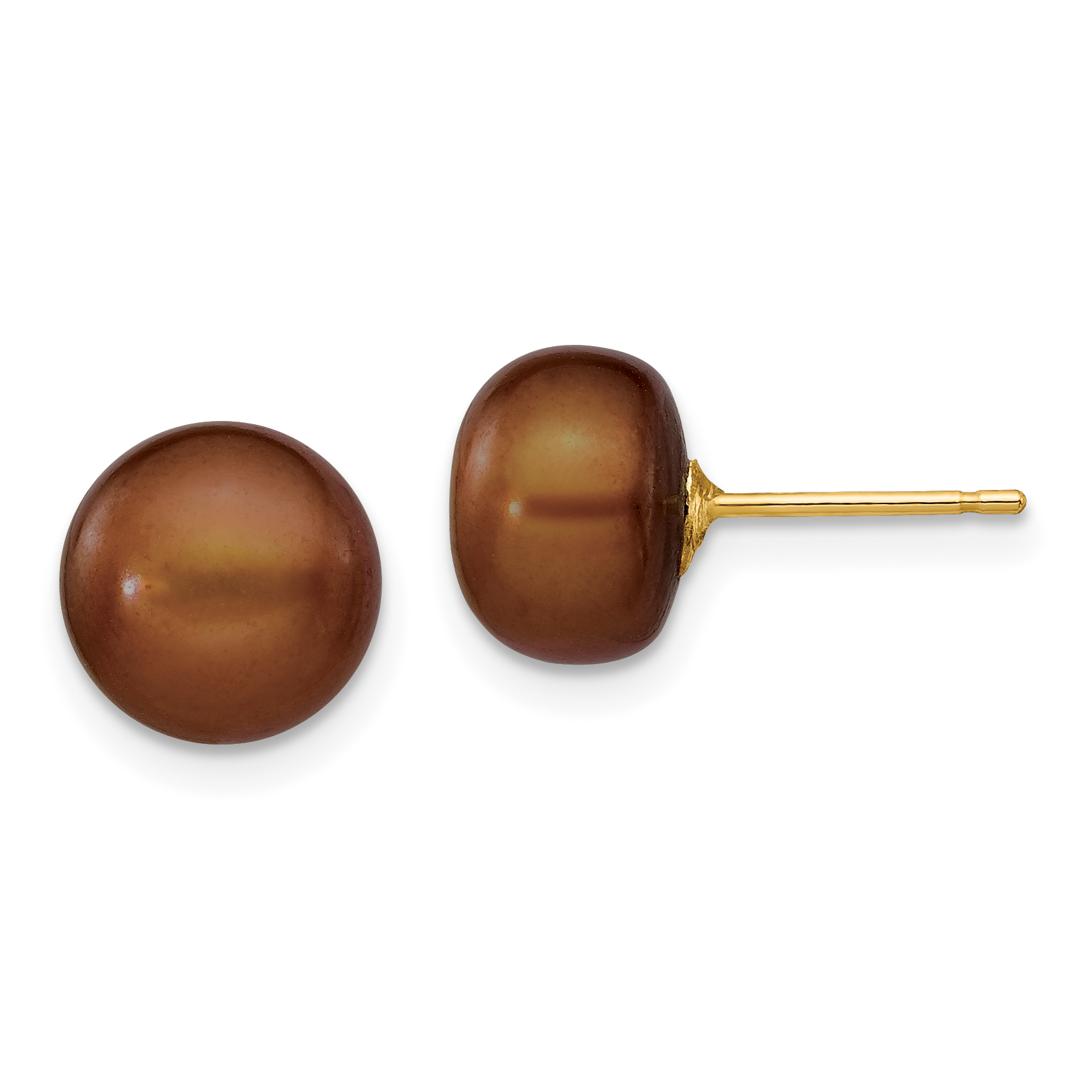 14k 8-9mm Brown Button Freshwater Cultured Pearl Stud Post Earrings (X80BC)