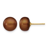 14K 8-9mm Brown Button Freshwater Cultured Pearl Stud Post Earrings view 1