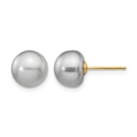 14K Yellow Gold 8-9mm Grey Button Freshwater Cultured Pearl Stud Post Earrings view 1