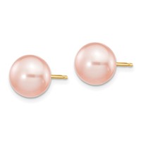 14K Yellow Gold 8-9mm Pink Button Freshwater Cultured Pearl Stud Post Earrings view 2