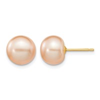 14K Yellow Gold 8-9mm Pink Button Freshwater Cultured Pearl Stud Post Earrings view 1