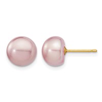14K Yellow Gold 8-9mm Purple Button Freshwater Cultured Pearl Stud Post Earrings view 1