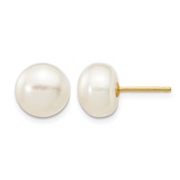14K Yellow Gold 8-9mm White Button Freshwater Cultured Pearl Stud Post Earrings view 1