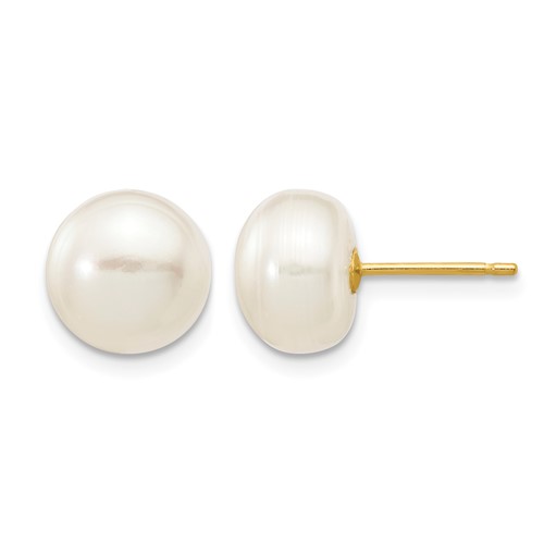 14K Yellow Gold 8-9mm White Button Freshwater Cultured Pearl Stud Post Earrings