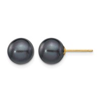 14K 8-9mm Black Round Freshwater Cultured Pearl Stud Post Earrings view 1
