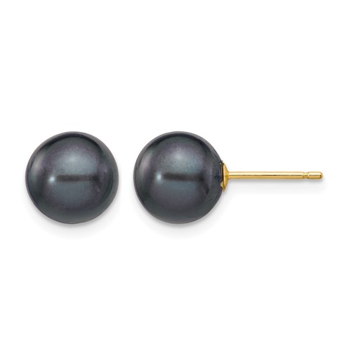 14K Yellow Gold 8-9mm Black Round Freshwater Cultured Pearl Stud Post Earrings