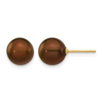 14K Yellow Gold 8-9mm Brown Round Freshwater Cultured Pearl Stud Post Earrings view 1