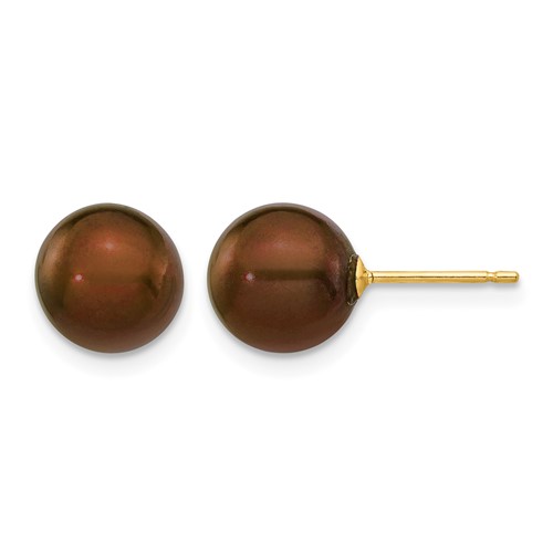 14K Yellow Gold 8-9mm Brown Round Freshwater Cultured Pearl Stud Post Earrings