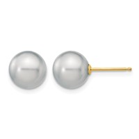 14K Yellow Gold 8-9mm Grey Round Freshwater Cultured Pearl Stud Post Earrings view 1