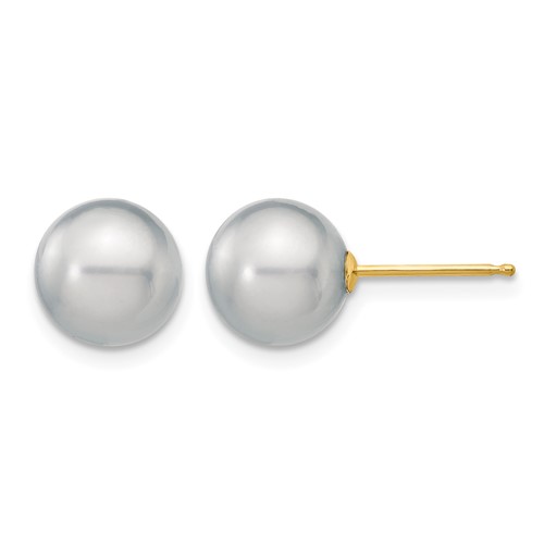 14K Yellow Gold 8-9mm Grey Round Freshwater Cultured Pearl Stud Post Earrings