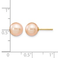 14K Yellow Gold 8-9mm Pink Round Freshwater Cultured Pearl Stud Post Earrings view 4