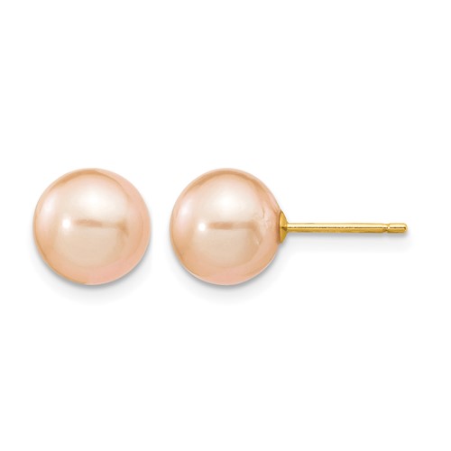 14K Yellow Gold 8-9mm Pink Round Freshwater Cultured Pearl Stud Post Earrings