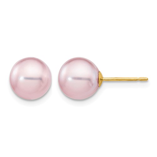 14K Yellow Gold 8-9mm Purple Round Freshwater Cultured Pearl Stud Post Earrings