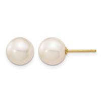 14K Yellow Gold 8-9mm White Round Freshwater Cultured Pearl Stud Post Earrings view 1