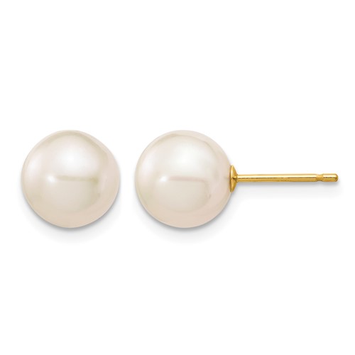 14K Yellow Gold 8-9mm White Round Freshwater Cultured Pearl Stud Post Earrings