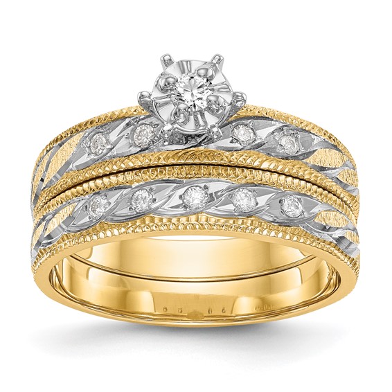 14k and Rhodium AA Quality 1/10 carat Diamond Trio Complete Engagement Ring