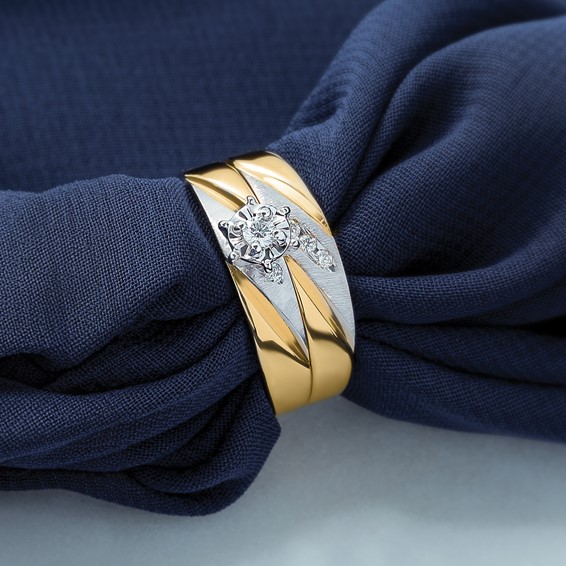 14k and Rhodium AA Quality 1/15 carat Diamond Trio Complete Engagement Ring