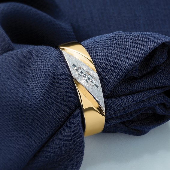 14k and Rhodium AA Quality 1/20 carat Diamond Trio Mens Complete Wedding Band