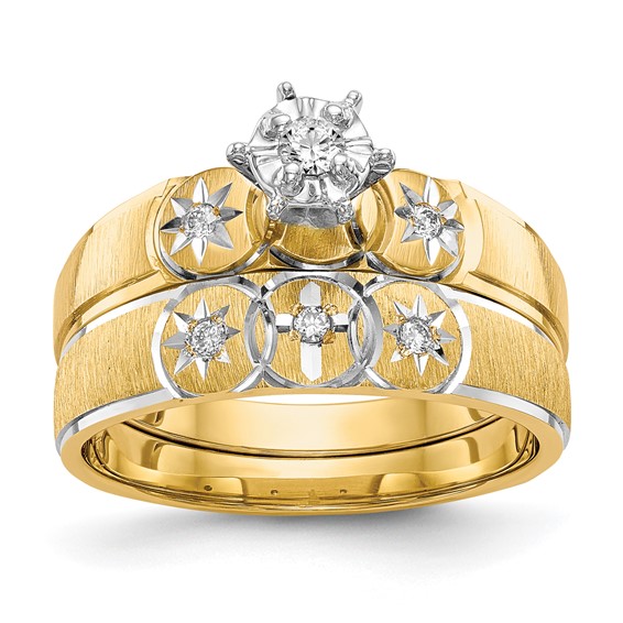 14k and Rhodium AA Quality 1/15 carat Diamond Trio Complete Engagement Ring