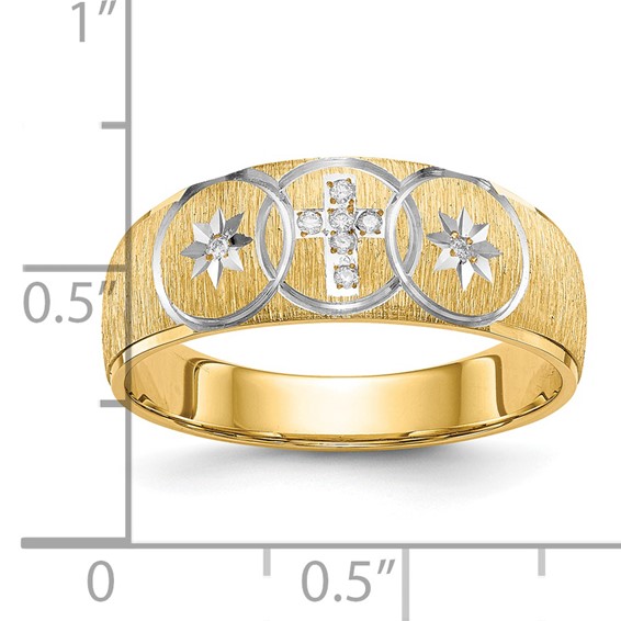 14k and Rhodium AA Quality .03 carat Diamond Trio Mens Complete Wedding Band with Cross