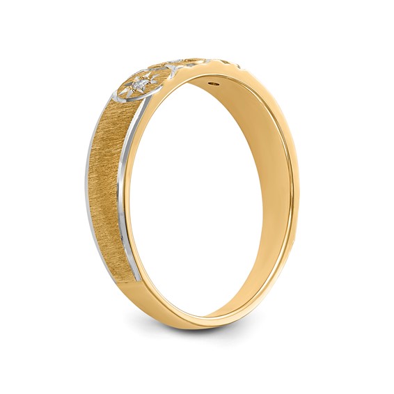 14k and Rhodium AA Quality .03 carat Diamond Trio Ladies Complete Wedding Band with Cross