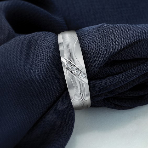 14k White Gold AA Quality 1/20 carat Diamond Trio Mens Complete Wedding Band