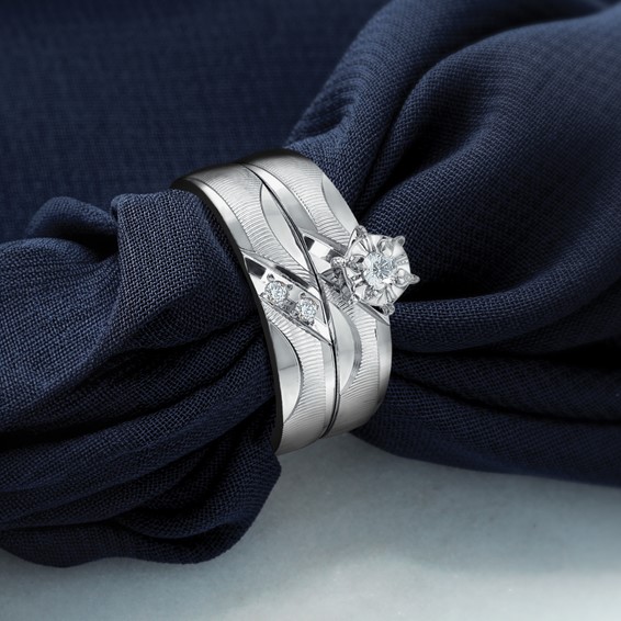 14k White Gold AA Quality .02 carat Diamond Trio Ladies Complete Wedding Band