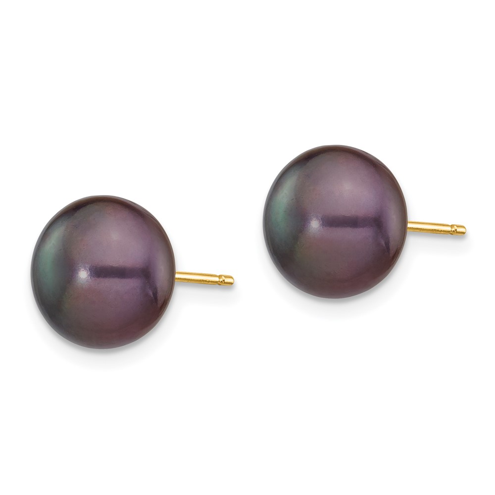 14k 9-10mm Black Button Freshwater Cultured Pearl Stud Post Earrings (X90BB)