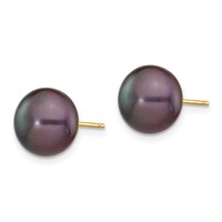 14K Yellow Gold 9-10mm Black Button Freshwater Cultured Pearl Stud Post Earrings view 2