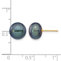 14K Yellow Gold 9-10mm Black Button Freshwater Cultured Pearl Stud Post Earrings view 4