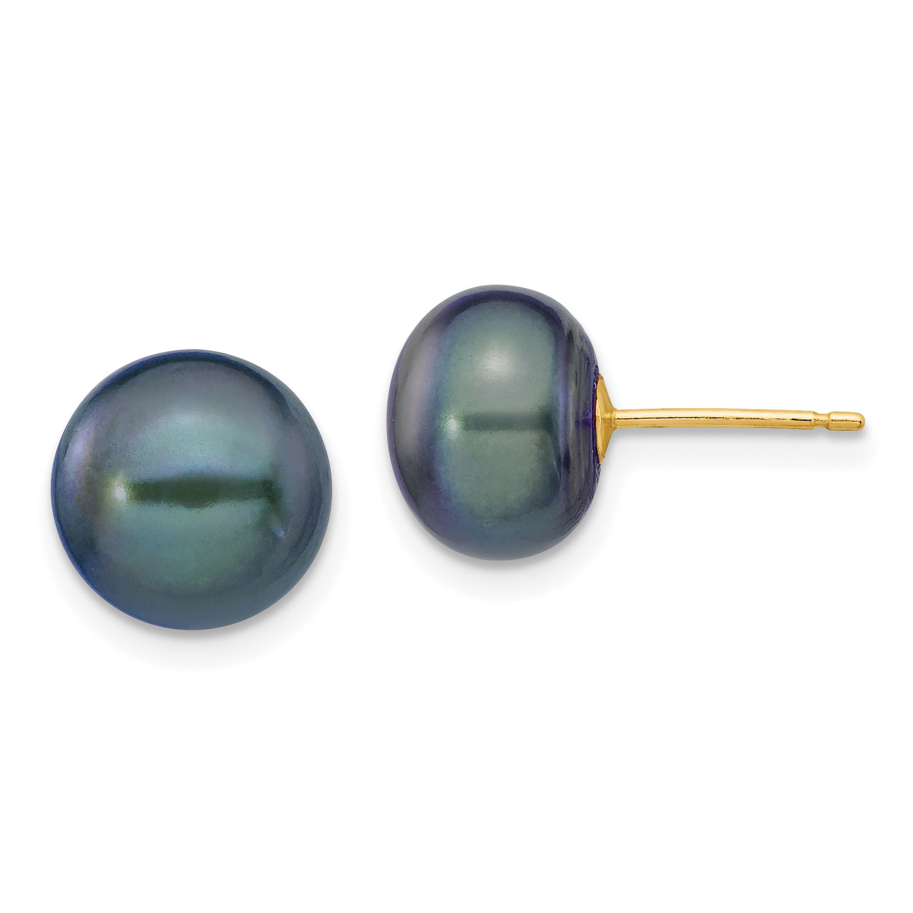 14k 9-10mm Black Button Freshwater Cultured Pearl Stud Post Earrings (X90BB)
