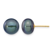 14K Yellow Gold 9-10mm Black Button Freshwater Cultured Pearl Stud Post Earrings view 1