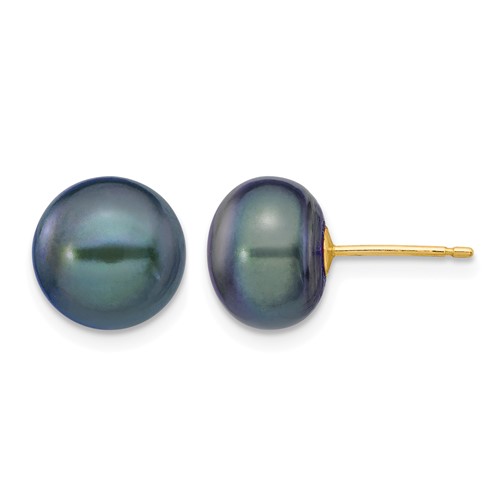 14K Yellow Gold 9-10mm Black Button Freshwater Cultured Pearl Stud Post Earrings