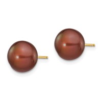 14K Yellow Gold 9-10mm Brown Button Freshwater Cultured Pearl Stud Post Earrings view 2
